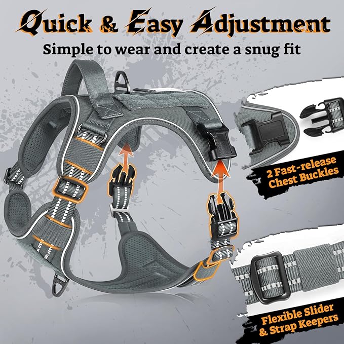 rabbitgoo Dog Harness Medium Sized No Pull, Tactical Service Pet Vest with Molle and Control Handle, Adjustable and Reflective Military Harness for Easy Walking and Training, Grey, M