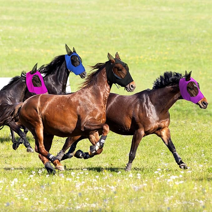 Frienda 4 Pcs Horse Fly Masks with Ears Head Fly Masks for Horses Smooth Elastic UV Protection Cover from Summer Insect Pests(Medium,Purple, Blue, Pink, Black)