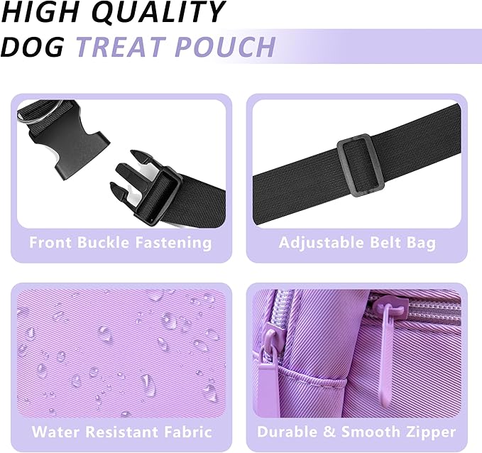 Puppy Dog Treat Pouches for Pet Training Treat Bag, Dog Walking Fanny Pack with Carabiner, Built-in Poop Bag Dispenser & Reuse Dog Poop Holder, Puppy Pet Treat Waist Belt (Purple)