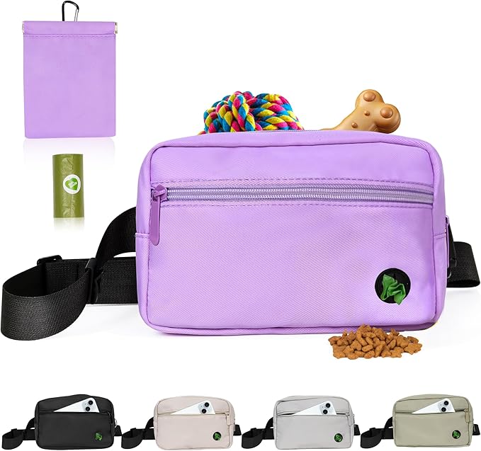 Puppy Dog Treat Pouches for Pet Training Treat Bag, Dog Walking Fanny Pack with Carabiner, Built-in Poop Bag Dispenser & Reuse Dog Poop Holder, Puppy Pet Treat Waist Belt (Purple)
