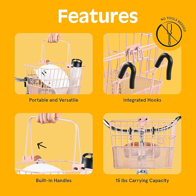 Retrospec Apollo Detachable Front Bike Basket Steel Half-Mesh with Integrated Detachable Hooks and Built-In Handle, Easy Assembly and Portability for Bicycles