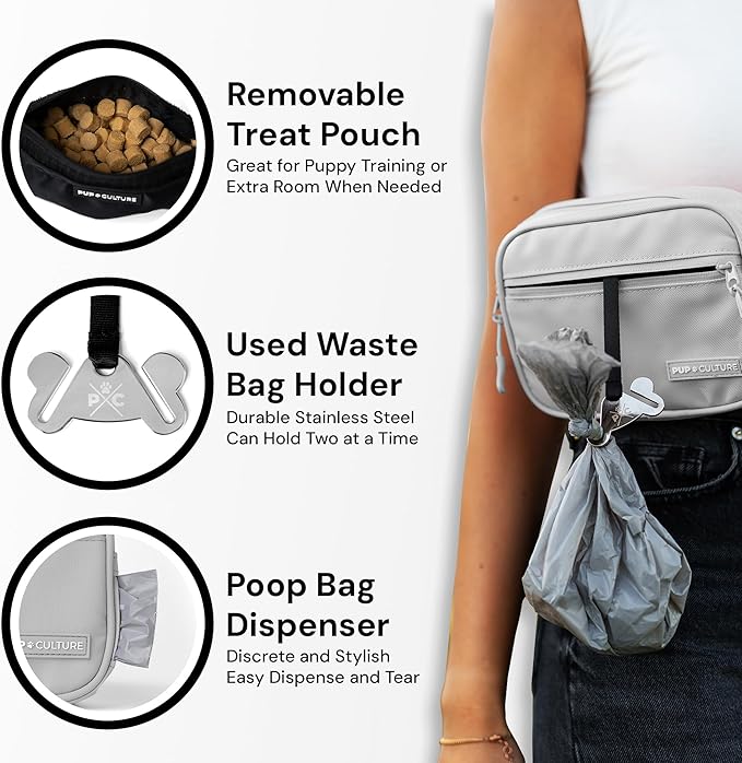 Pup Culture Cross Body Dog Training Treat Pouch | Removable for Anytime Puppy Training | Built-in Poop Bag Dispenser & Used Bag Holder | Stylish Grey