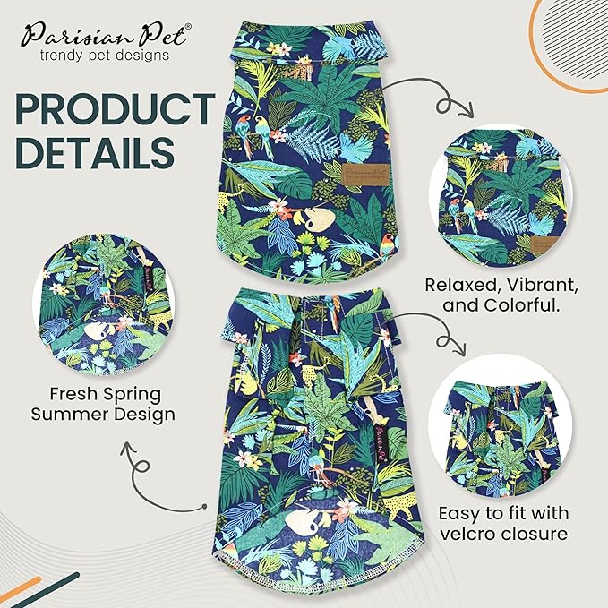 Parisian Pet Unisex Amazonia Shirt - Leafy Beach Outfit - Cotton Summer Clothes - Stylish Hook and Loop Dog Costume - Machine Washable for Large Dogs - XL