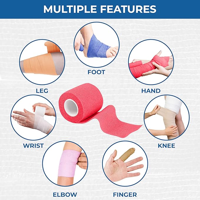 Self Adhesive Bandage Wrap - Pack of 12 Assorted Colors, Non-Woven, Breathable & Water-Resistant Vet Wrap for First Aid, Sports Injury, Body Sprains, & Pets (2 Inch Multicolor - 12 Pack)