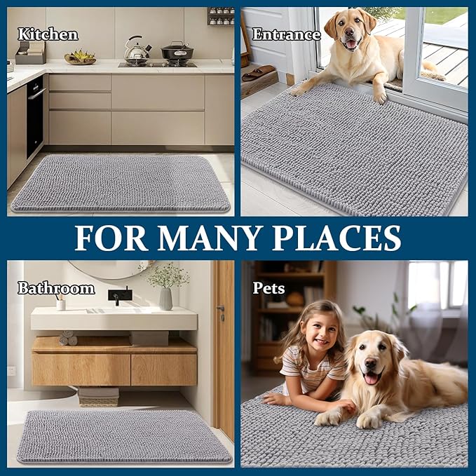 OLANLY Dog Door Mat for Muddy Paws 59x20, Absorbs Moisture and Dirt, Absorbent Non-Slip Washable Doormat, Quick Dry Chenille Mud Mat for Dogs, Entry Indoor Entryway Carpet for Inside Floor, Light Grey