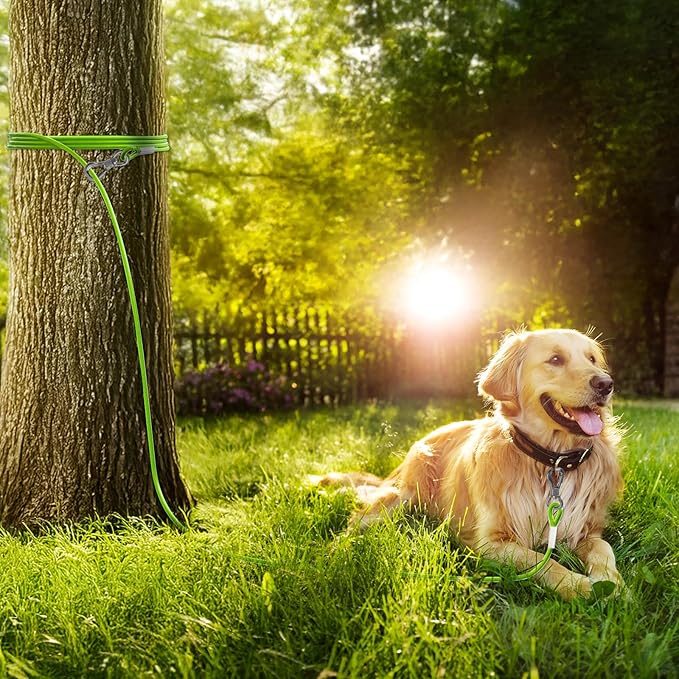 Tresbro 15FT Reflective Tie Out Cable for Dogs Up to 250 Pounds, Steel Wire Dog Leash Cable with Stainless Rotatable Buckle, Lightweight and Enduring, Dog Chains Outside for Outdoor Yard, Green
