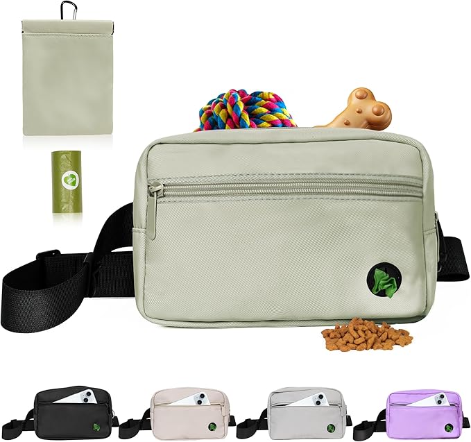Puppy Dog Treat Pouches for Pet Training Treat Bag, Dog Walking Fanny Pack with Carabiner, Built-in Poop Bag Dispenser & Reuse Dog Poop Holder, Puppy Pet Treat Waist Belt (Green)