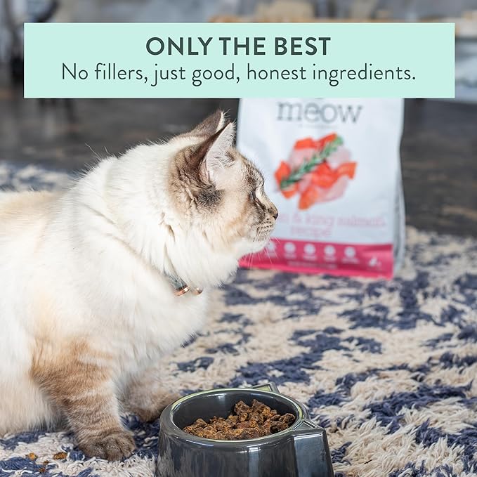 Meow e - Chicken & King Salmon Recipe, Dry Cat Food Use as a Complete Diet, Topper, Mixer, or as Cat Training Treats, All Life Stages, 3.5 oz