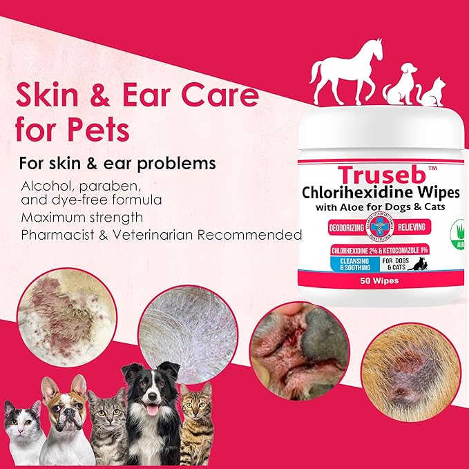 Truseb Topical Ketoconazole and Chlorhexidine Wipes for Dogs, Cats and Horses - with Aloe for Cleansing - 50 Count (Ketoconazole & Chlorhexidine Wipes, 50 Count)
