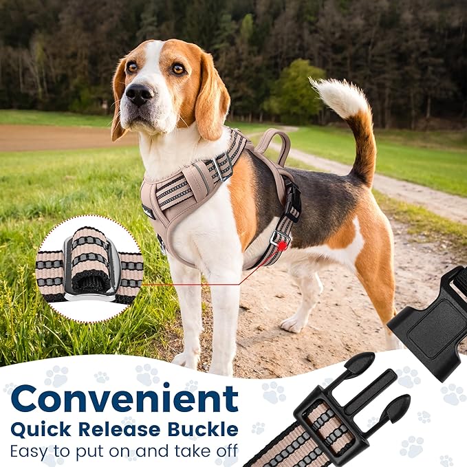 Funfox Dog Harness No Pull, Adjustable Pet Vest Harness, Super Soft Material with Vertical Handle Easy Control, Reflective Night Walking, 2 Leash Clips for XLarge Dogs, Brown, XL