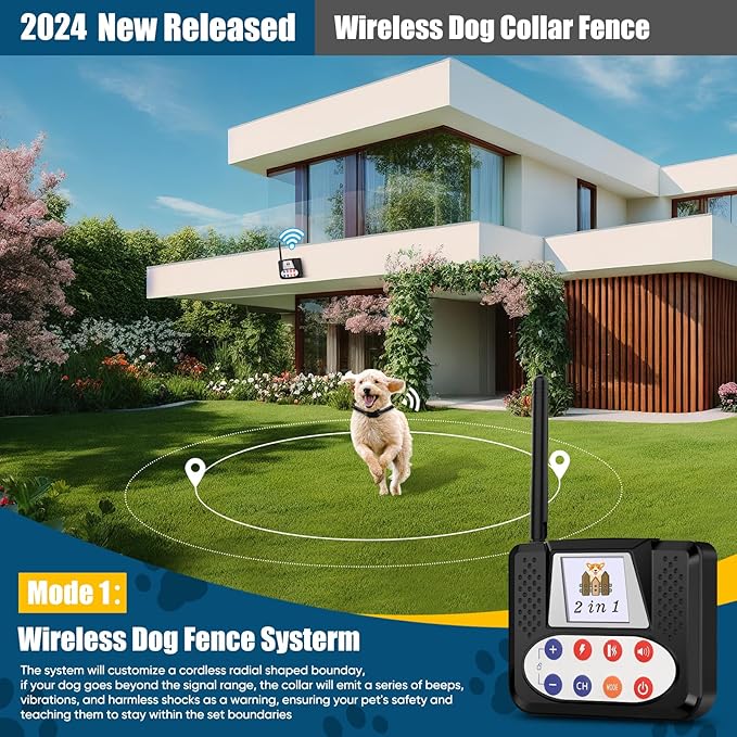 Wireless Dog Fence System, Electric Fence for Dogs with Big LCD Color Screen, Portable Wireless Pet with Remote Training Collar, Dog Perimeter, Adjustable Collar for Big Medium Small Dogs