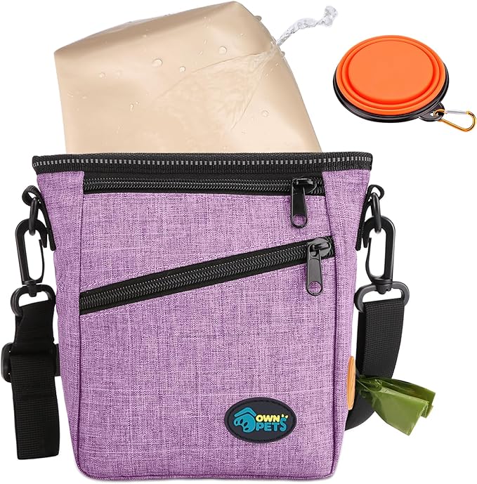 Ownpets Dog Training Pouch with Silicone Liner, Pet Treat Training Pouch with Collapsible Bowl, Shoulder Strap & Waist Strap, 4 Ways to Wear, Walking Fanny Pack for Dog Training - Purple