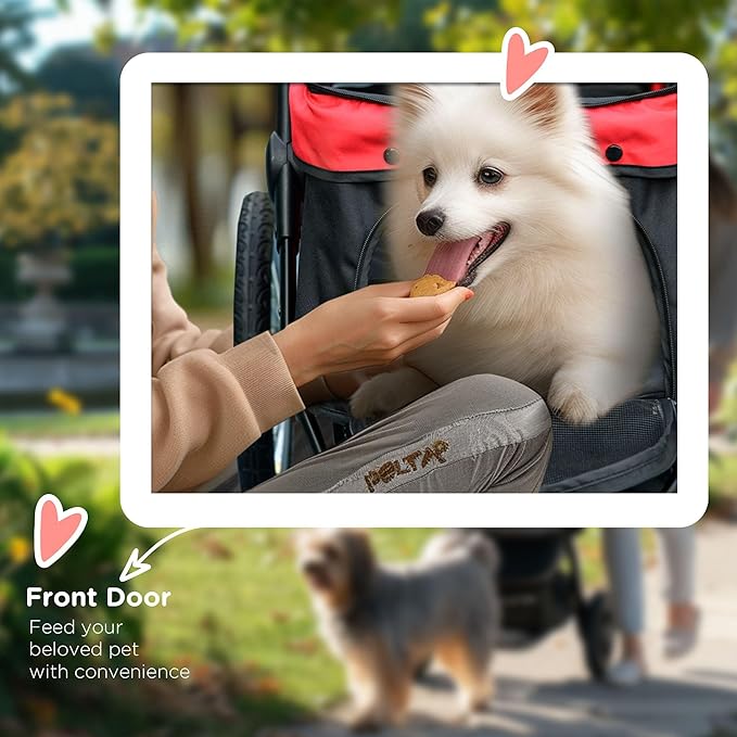 PawHut 3 Wheels Pet Stroller for Small and Medium Dogs, Foldable Cat Stroller Jogger with Adjustable Canopy, Safety Tether, Cushion, Storage Basket, Red