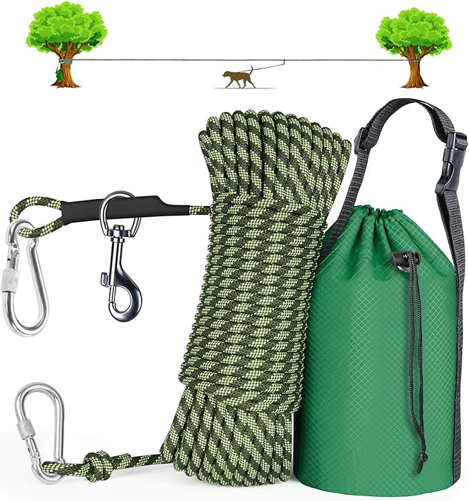 Tresbro Dog Camping Leash, 50ft/75ft/100ft Trolley System for Dogs up to 300lbs, Portable Lightweight Dog Runner Lead for Yard, Reflective Tie Out Cable for Camping, Courtyard, Park, Outside