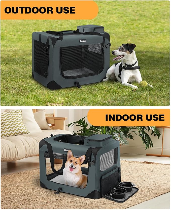 Extra Large Dog Crate with 2 Foldable Bowl, 40 Inch Collapsible Travel Dog Crate Kennel with Soft Blanket for Medium Dogs,Indoor & Outdoor (40" L x 27" W x 27" H, Grey)