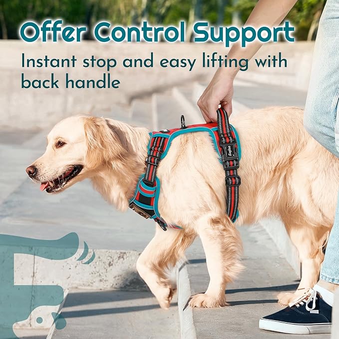 Eagloo Dog Harness Medium Sized, Easy Wearing with 3 Buckles, Adjustable No Pull Pet Harness with 2 Rings for Walking, No Chock Reflective Soft Padded Vest with Control Handle, Red & Teal, M