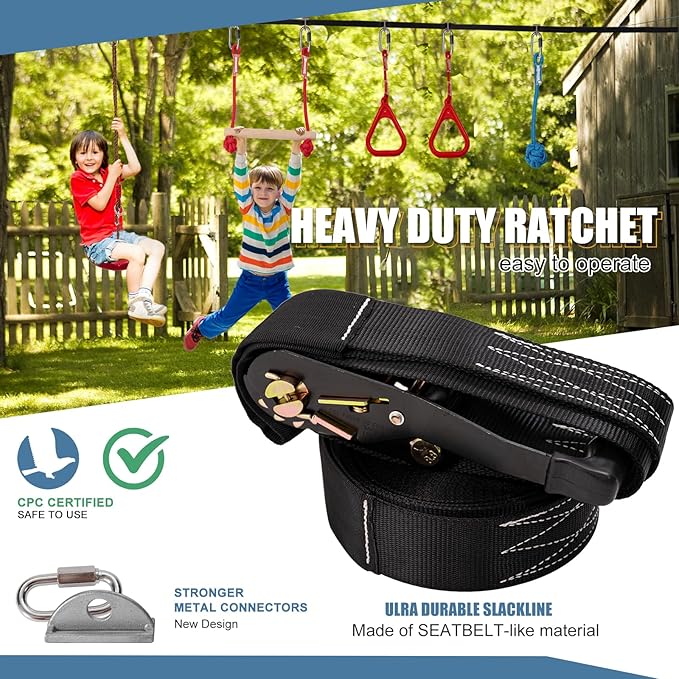 Slsy Ninja Warrior Obstacle Course for Kids, 50FT Durable Ninja Slackline Kit with 8 Complete Accessories, Playset Equipment with Swing, Climbing Net, Ladder & Monkey Bars (8 Obstacles)