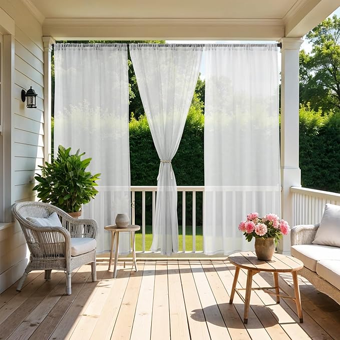 All Weather White Outdoor Sheer Curtains for Patio Waterproof 6 Pcs Rod Pocket Indoor Sheer Voile Curtains for Porch, Balcony, Gazebo, Pergolas, 54x120 Inch