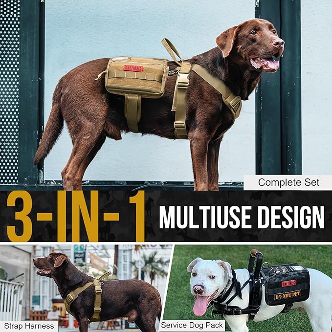 OneTigris Service Dog Vest Harness, Service Dog Cape Guardian Dog Backpack Harness with Pouches Dog Saddle Bag for Small Medium and Large Dogs (Brown, Small)