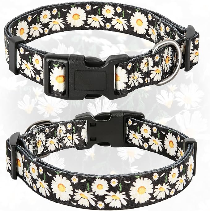HEELE Dog Collar, Adjustable Soft Dog Collar for Small Medium Large Dogs,Daisy Floral Patterned Puppy Collars with Quick Release Buckle Daisy Black L Length 15.94''-25.59'