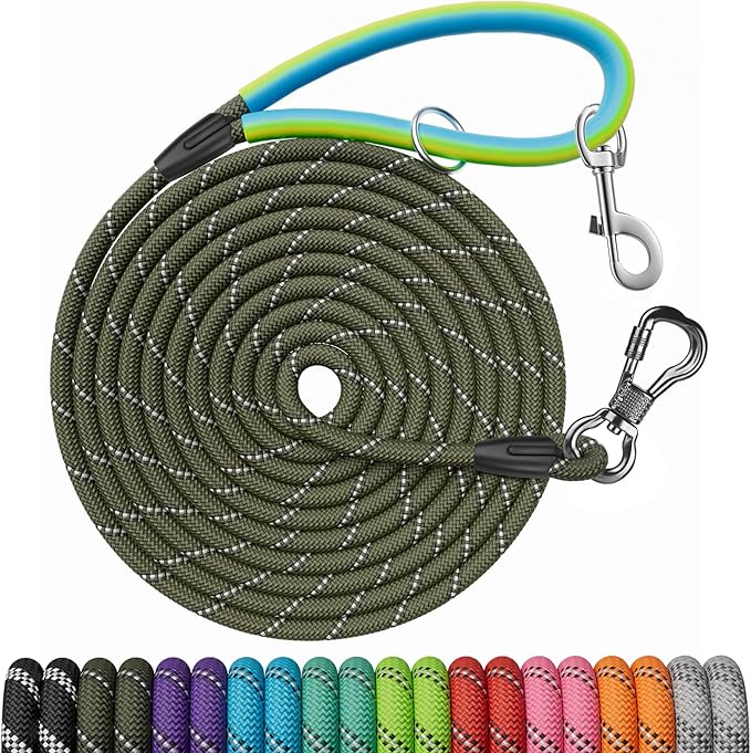 NTR 50FT Long Dog Leash with 2 Swivel Hooks, Reflective Threads and Comfortable Padded Handle, Training Leash Lead for Walking, Hunting, Camping, Backyard for Small Medium and Large Dogs