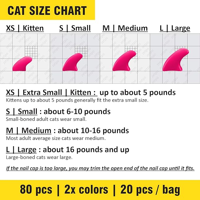 zetpo 80 pcs Cat Claw Covers | Cat Nail Caps | with Adhesives and Applicators (S, Bright Pink, Rose)