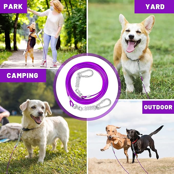 Dog Tie Out Cable - 10/15/20/25/30FT Heavy Duty for Large Dogs Up to 250LBS - Rosy Pink/Blue/Purple/Silver/Red/Green/Yellow