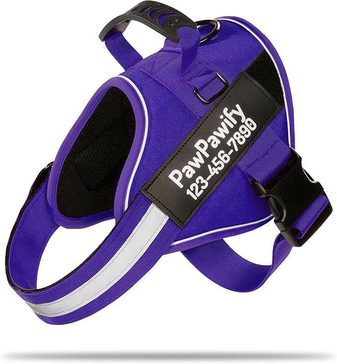 PawPawify Custom No Pull Dog Harness with Name and Phone Number, Heavy Duty Personalized Pet Vest to Prevent Tugging, Pulling, or Choking, Training and Walking (New Purple, M (20-40 LBS))