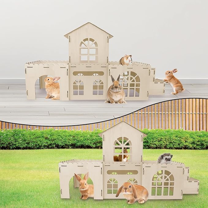YUEPET Extra Large Wooden Rabbit Hideout Castle Detachable Bunny Tunnel Hut with Ramp Small Animal Houses & Habitats for Outdoor Indoor Rabbit Guinea Pig Chinchilla Ferret Hamster to Rest Hideawy Play