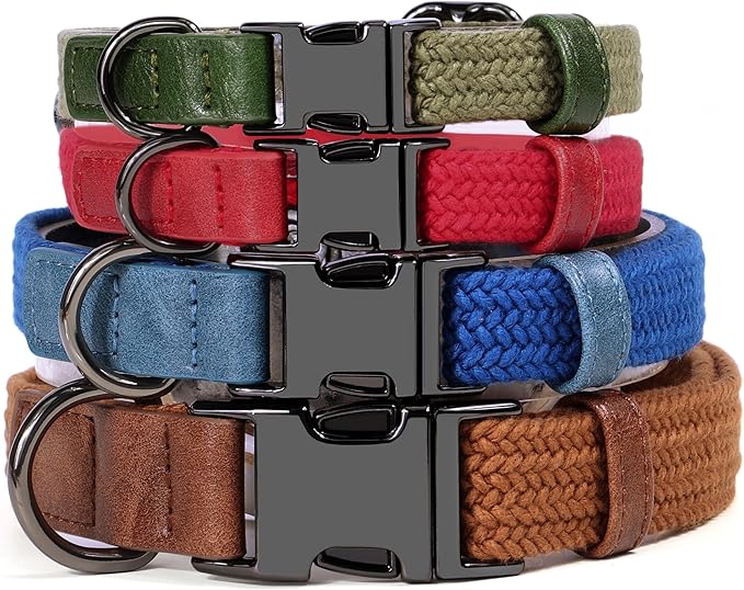 PET ARTIST Soft Cotton Dog Collars for Medium Dogs in Stylish Green, Simple Dog Collar with Quick Release Metal Buckle & D Ring, M Size (13-21")