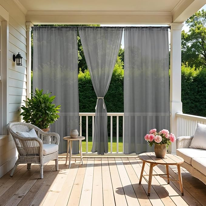 HolidayIdeas All Weather Outdoor Patio Curtains 6 Pcs Linen Look Rod Pocket Grey Sheer Outdoor Curtains for Porch, Balcony, Gazebo, Pergolas, Cabana,54x84 Inch