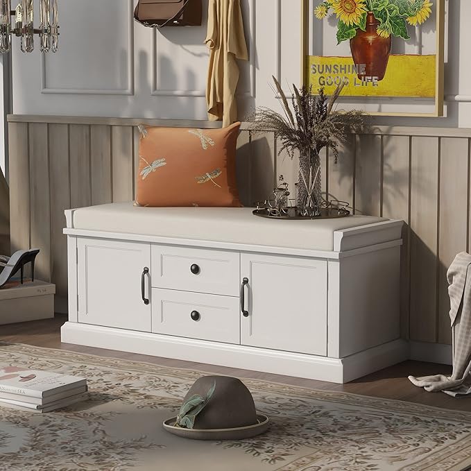 Storage Bench with 2 Drawers and 2 Cabinets, Pine Wood Shoe Bench with Removable Cushion for Living Room, Entryway 42.5" L x 15.9" W x 17.5" H (White)
