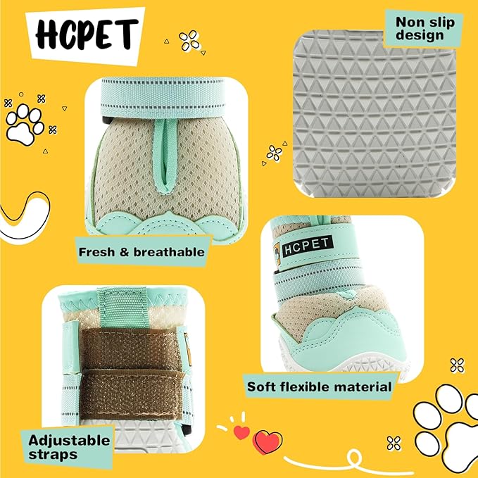 Hcpet Dog Shoes for Large Dogs, Breathable Dog Booties for Small Medium Dogs, Anti-Slip Dog Boots & Paw Protectors for Hot Pavement Winter Snow Hiking with Reflective Straps Green Size 3