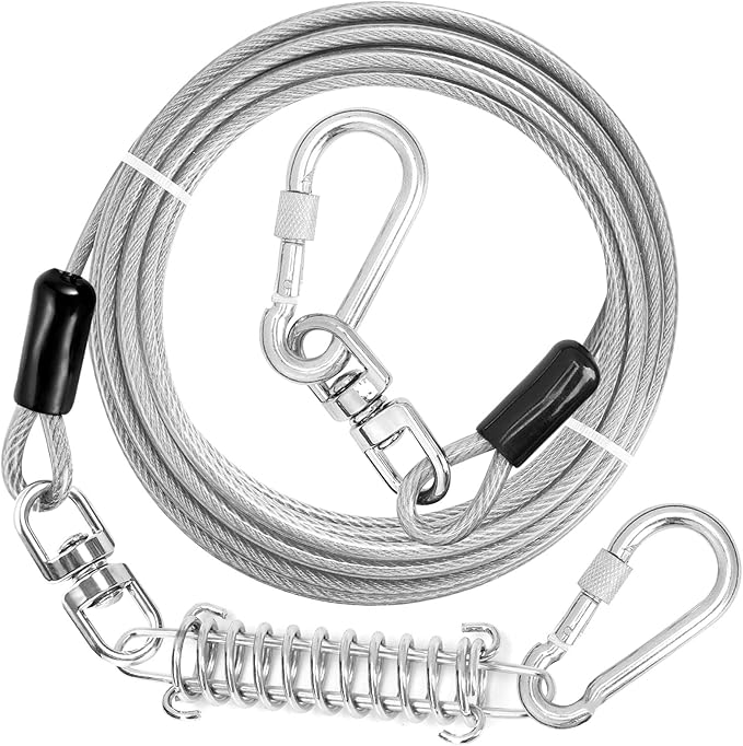 Jenico Dog Tie Out Cable, 10/15/20/30/40/50/70/100/150FT Runner Cable with Swivel Hook and Shock Spring, Yard and Camping Dog Leash Run Tether, Up to 500 LBS