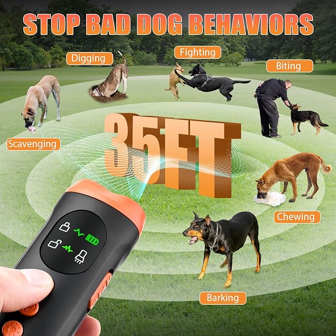 Lamido 4 in 1 Dog Bark Deterrent Devices with Functions Display Panel, 2500 mAh Type-C Rechargeable Anti Barking Device for Dogs, Ultrasonic Dog Training Device up to 35 Ft Effective Control Range