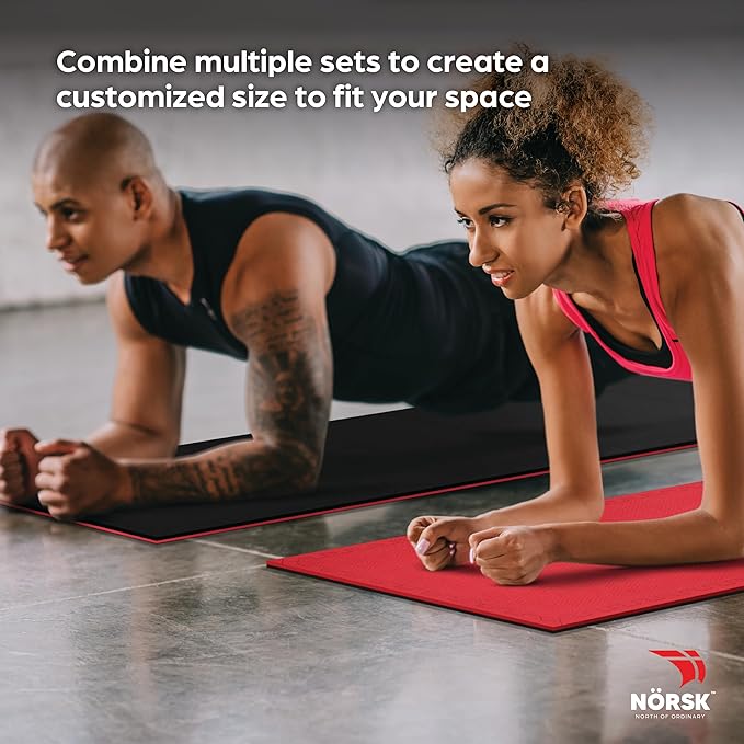 Norsk Reversible Gym Exercise Mats 3/4" Thick EVA Interlocking Foam Tiles, Perfect Gym Flooring for Home Gym, 40 Tiles & 80 Trim Pieces, 160 Sq. Ft. Reversible, Red/Black