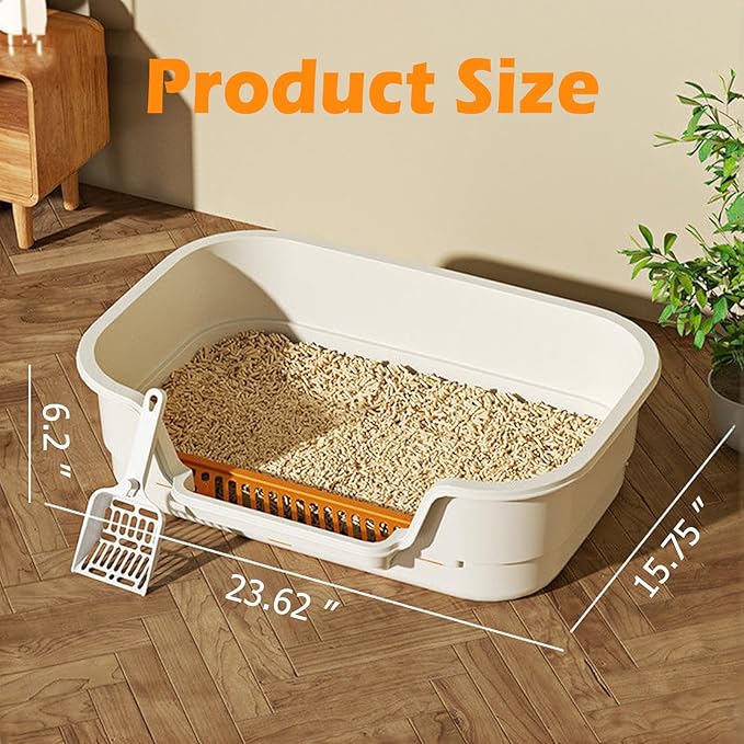 Extea Large Cat Litter Box with High Sides,Cat Boxes for Indoor Cats,Cat Litter Pan for Kitty,Litter Box with Low Entry,Easy to Clean,Anti-Splashing,23.6" x15.7" x6.2" (Grey)