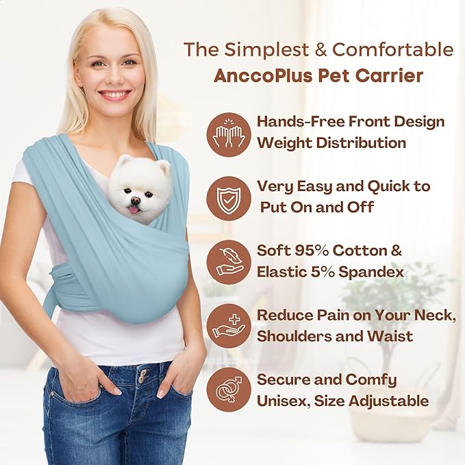 Dog Carriers for Small Dogs, Front Facing Dog Sling Carrier, Hands Free Cat Carrier, Size Adjustable, Reducing Back Pain, Premium Cotton, Safe and Soft Dog Carrier (Regular, Baby Blue)