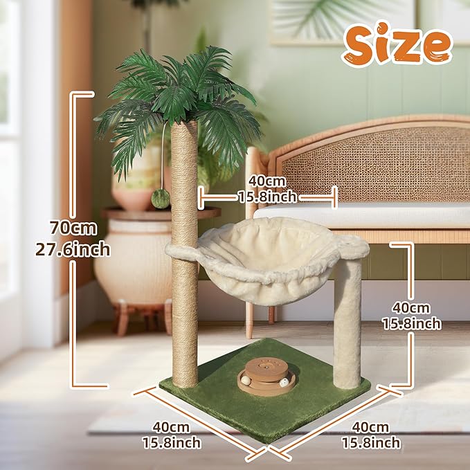 Cat Scratching Post 28 Inches Small Cat Tree Tower with Hammock, Cat Toy Wooden Interactive Condo for Kitten and Adults Cat