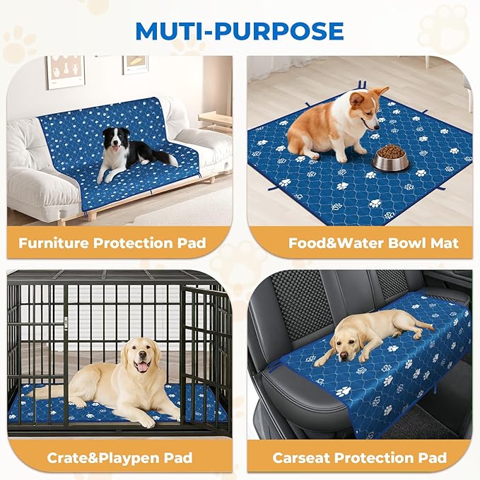 Fostanfly Washable Pee Pads for Dogs, 2 Pack Large 36"x48" Ultra-Absorbent and Leak-Proof Non-Slip Reusable Potty Training Pads for Dogs, Puppy & Cats of Add 8 Lanyards-Blue