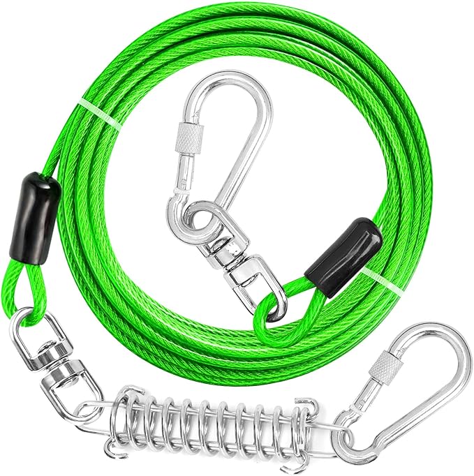 Jenico Dog Tie Out Cable, 10-150FT Runner Cable with Swivel Hook and Shock Spring, Yard and Camping Dog Leash Tether for Small to Medium Pets Up to 500 LBS