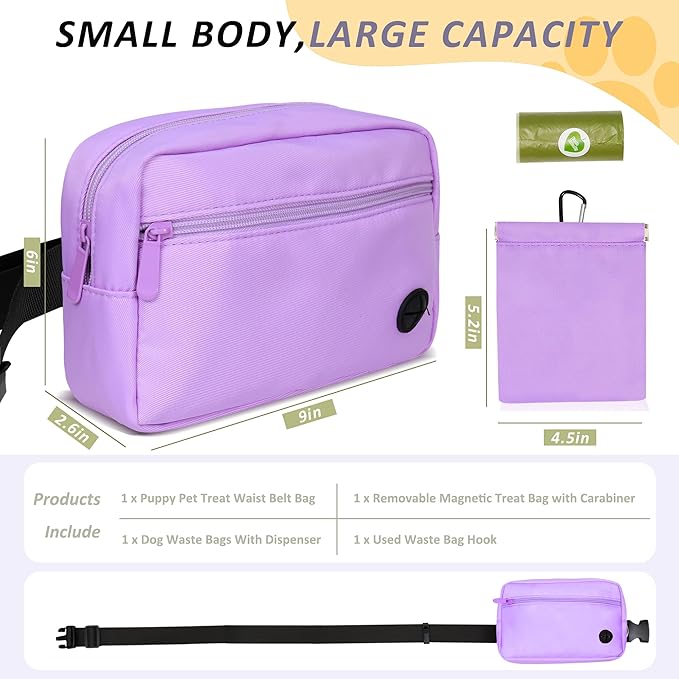 Puppy Dog Treat Pouches for Pet Training Treat Bag, Dog Walking Fanny Pack with Carabiner, Built-in Poop Bag Dispenser & Reuse Dog Poop Holder, Puppy Pet Treat Waist Belt (Purple)