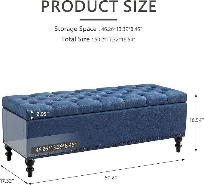 Ottoman with Storage,50.2-inch Upholstered End of Bed Storage Bench for Bedroom,for The Living Room,for Entryway, with Rivets & Button and Safety Hinges,Detachable (Blue)