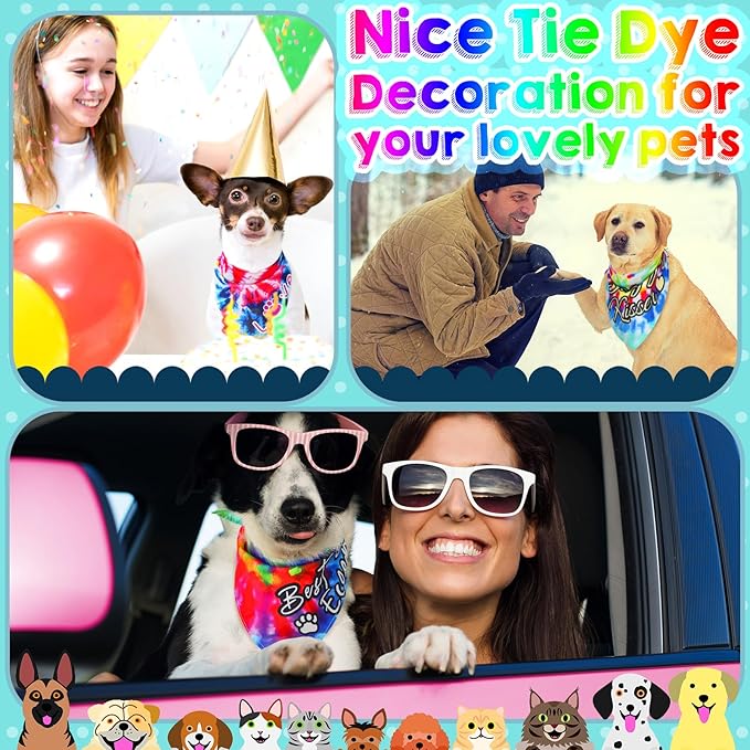 50 Pcs Tie Dye Dog Bandanas Bulk Pet Bibs Colorful Triangle Scarf Tie Dye with Sayings Pet Bandanas for Medium Large Dogs Spring Summer Birthday Costume Decor