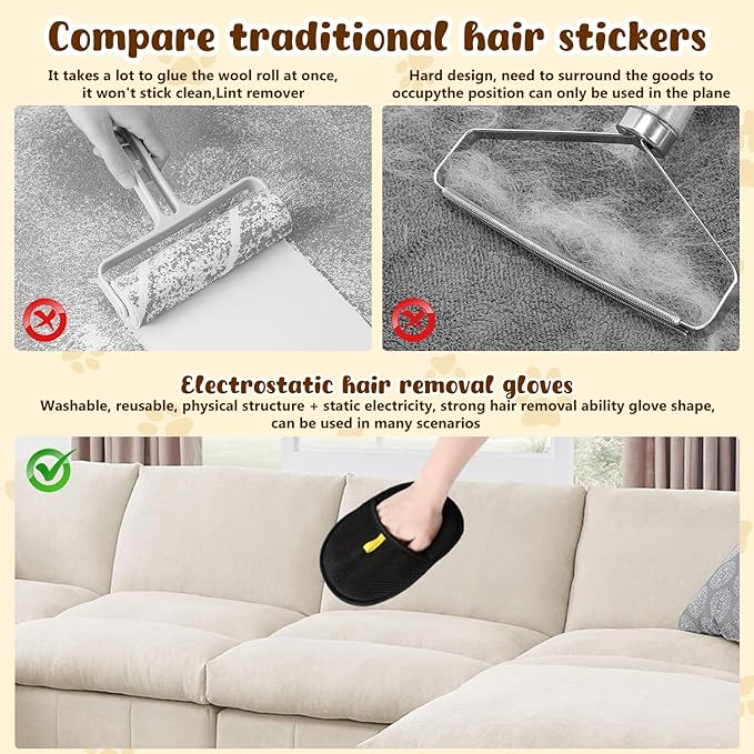 2Pcs Pet Hair Remover Glove,Static Pet Removal Gloves,Cat Grooming Gloves for Hair Removal,Reusable Double Sided Pet Hair Remover,for Couch,Furniture,Carpet,Curtain