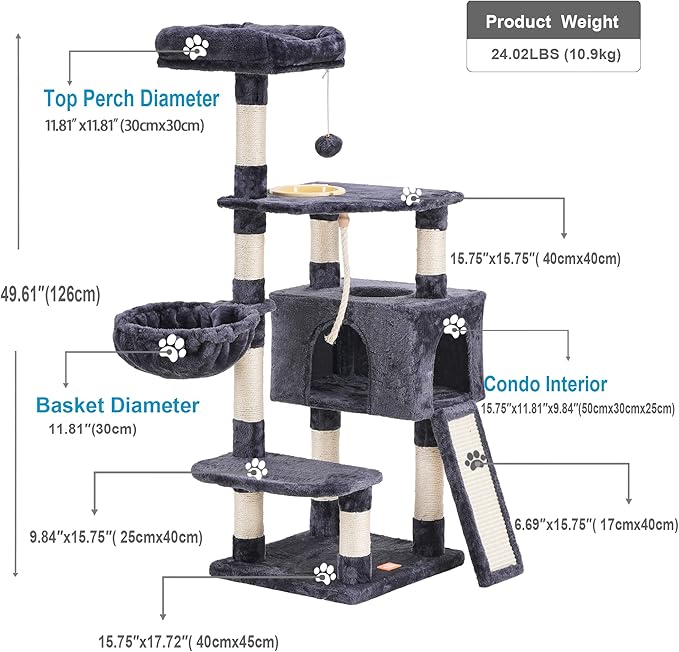 Heybly Cat Tree, Cat Tower for Indoor Cats with Scratching Board, Multi-Level Cat Furniture Condo with Feeding Bowl, Smoky Gray HCT010G