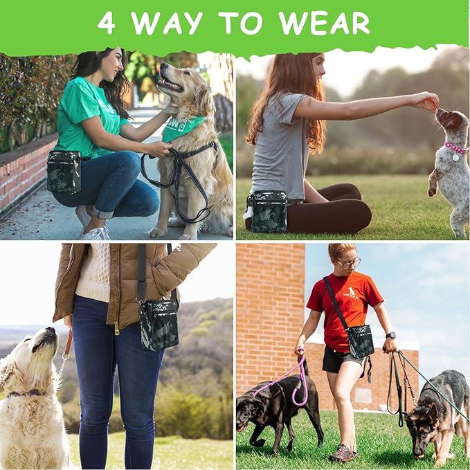 Dog Treat Pouch - 3 Ways to Wear Treat Pouches for Pet Training and 2 Pieces Clicker Taining for Dogs, Dog Training Treat Pouch Bag and Dog Clicker for Training with Waist Belt Shoulder Strap - Camo