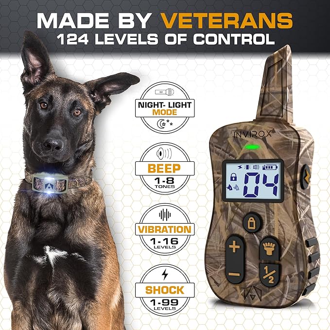 INVIROX Dog Shock Collar [Ultra K9 Hunting Series] 124 Training Levels, 4 Powerful Modes with Night-Light and ¾ Mile Range 100% Safe Dog Training Collar for Large Dogs IP67 Waterproof