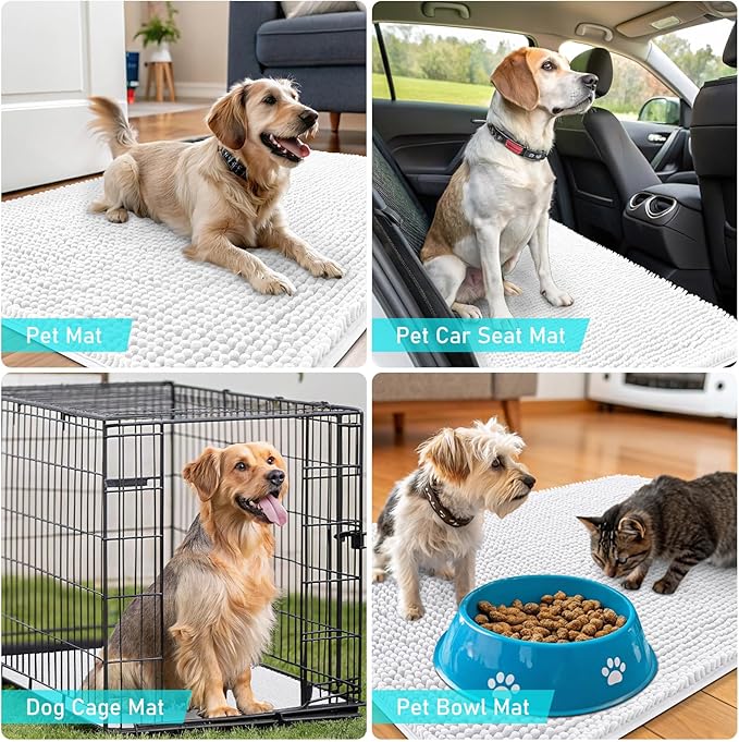 OLANLY Dog Door Mat for Muddy Paws 47x24, Absorbs Moisture and Dirt, Absorbent Non-Slip Washable Doormat, Quick Dry Chenille Mud Mat for Dogs, Entry Indoor Entryway Carpet for Inside Floor, White