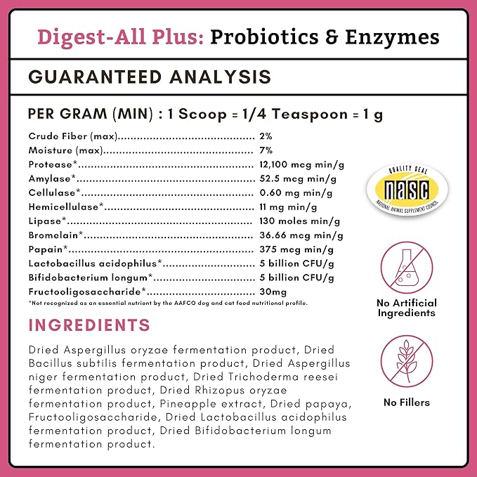 Wholistic Pet Organics Probiotics for Dogs with Digestive Enzymes & Prebiotic Fiber - 8 Oz - Daily Cat & Dog Probiotics for Digestive Health, Anti Diarrhea & Gut Support - Natural Powder Supplement